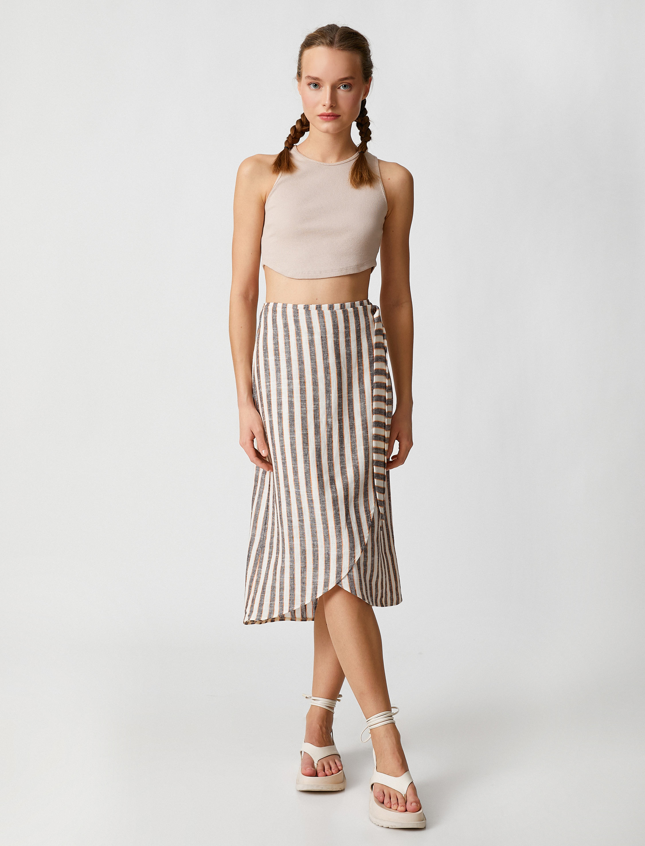   Midi Etek Anvelop Kapama Beli Kuşaklı Keten Karışımlı