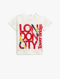 Londra Baskılı Kısa Kollu Tişört Pamuklu Bisiklet Yaka