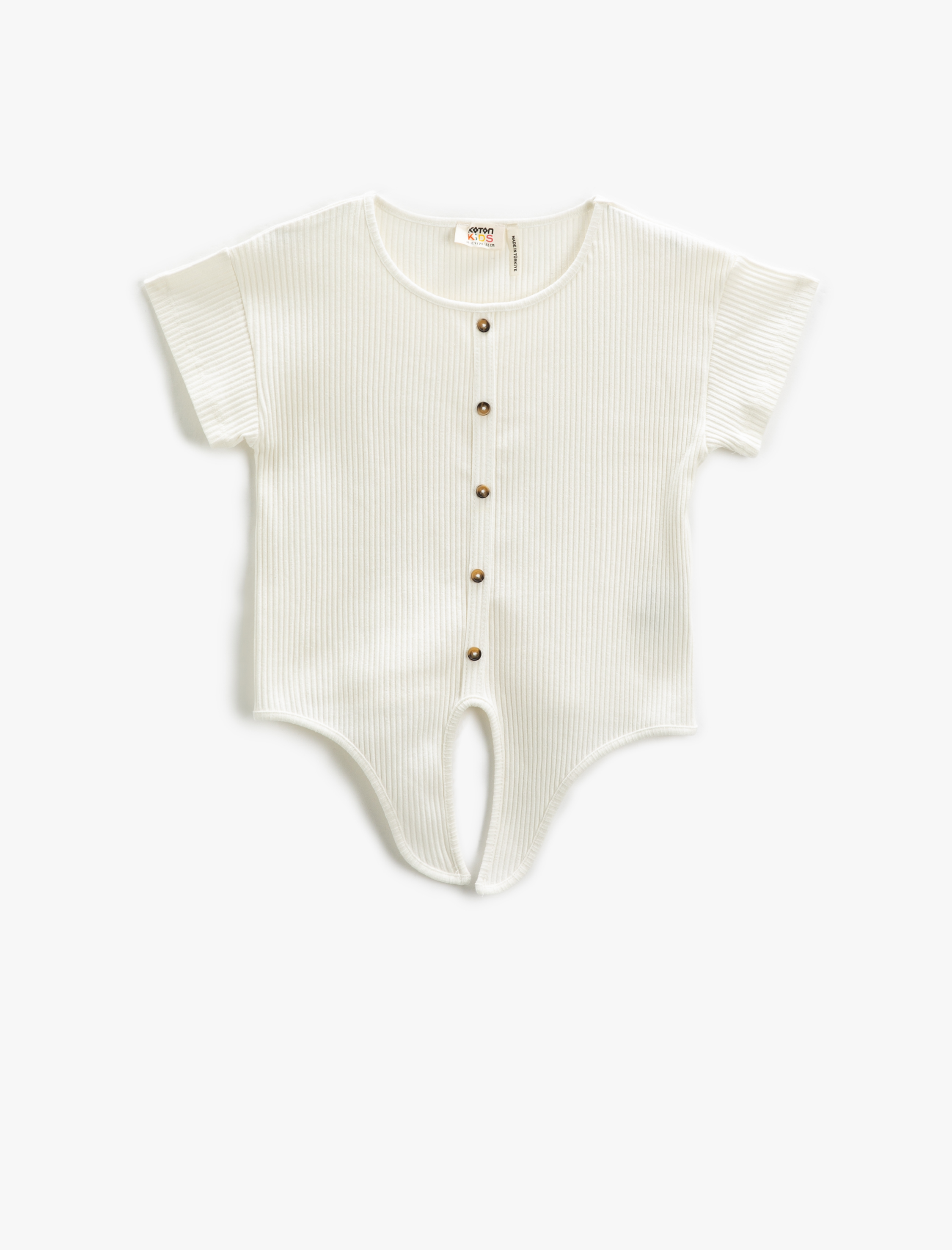  Kız Çocuk Basic Crop Tişört Beli Bağlamalı Fitilli Düğmeli Kısa Kollu