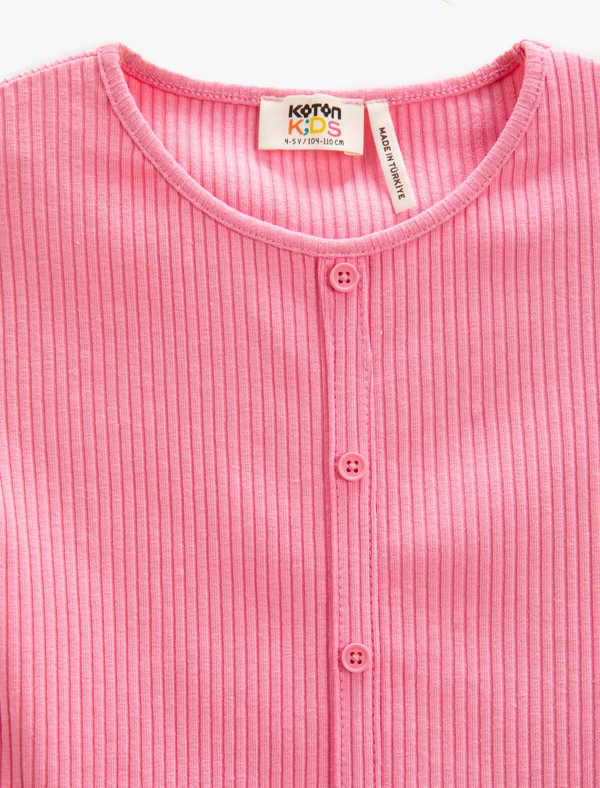  Kız Çocuk Basic Crop Tişört Beli Bağlamalı Fitilli Düğmeli Kısa Kollu
