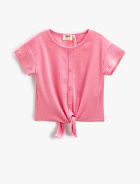 Basic Crop Tişört Beli Bağlamalı Fitilli Düğmeli Kısa Kollu