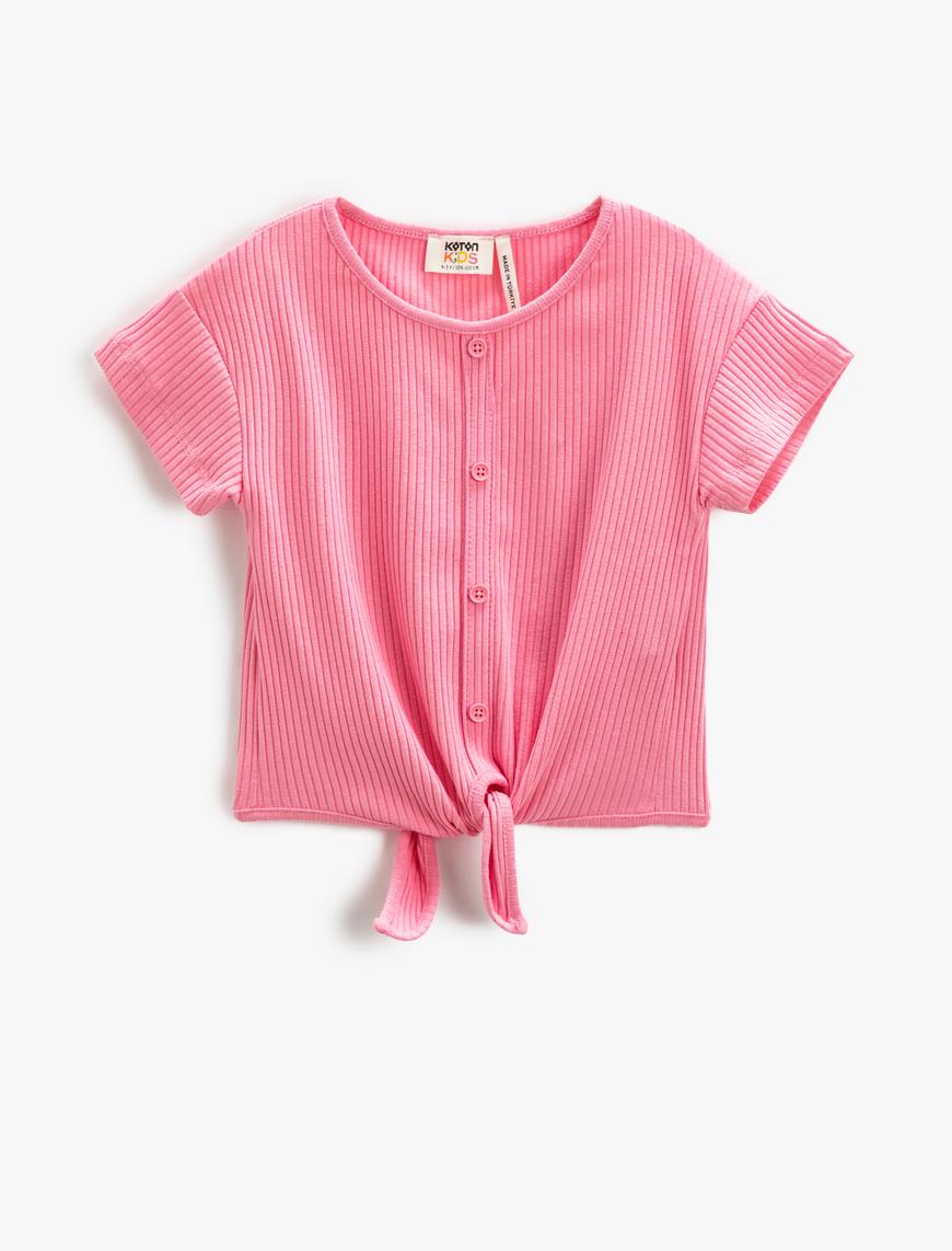  Kız Çocuk Basic Crop Tişört Beli Bağlamalı Fitilli Düğmeli Kısa Kollu