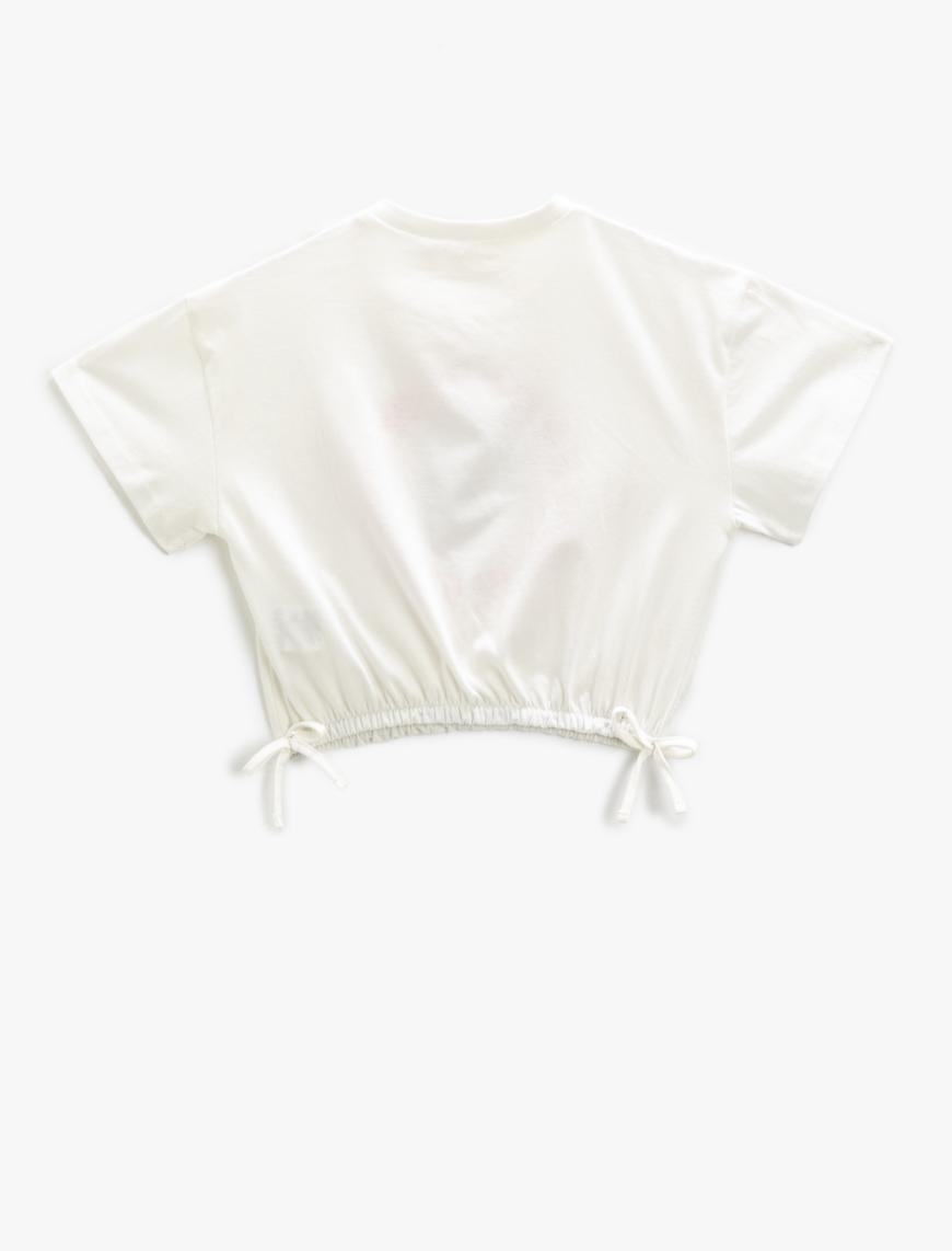  Kız Çocuk Crop Tişört Beli Lastikli Bağlamalı Pul Payet İşlemeli Kısa Kollu