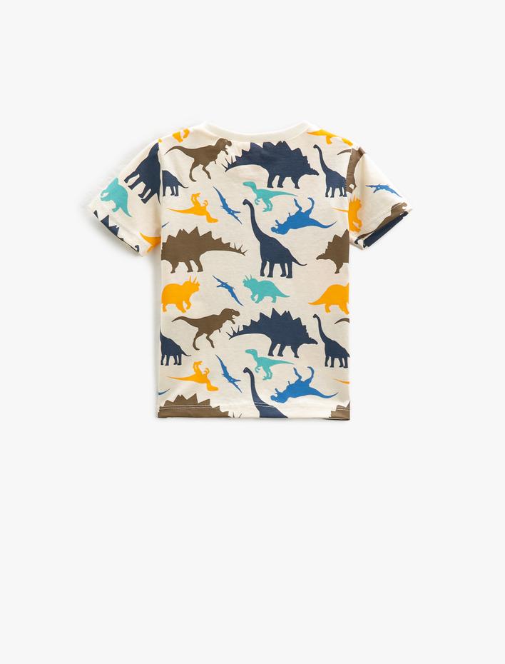 Erkek Bebek Dinozor Baskılı Kısa Kollu Tişört Bisiklet Yaka