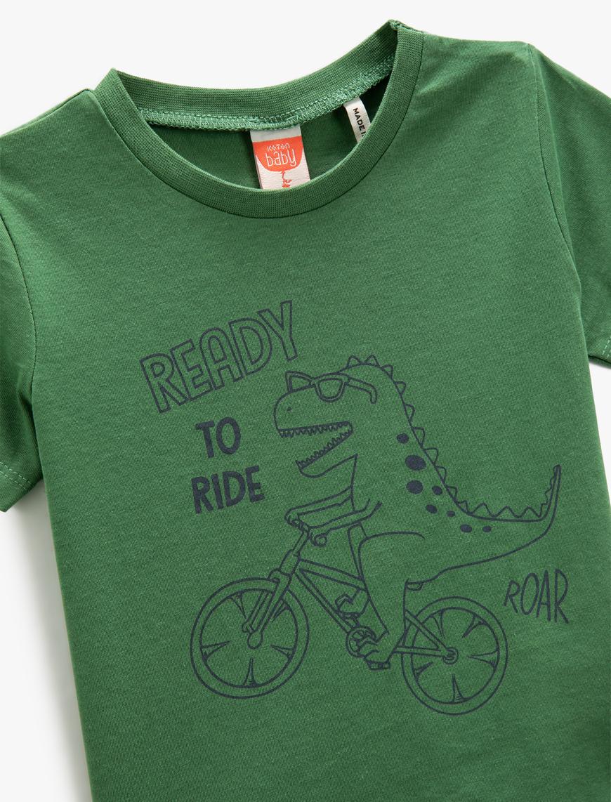  Erkek Bebek Dinozor Baskılı Kısa Kollu Tişört Bisiklet Yaka