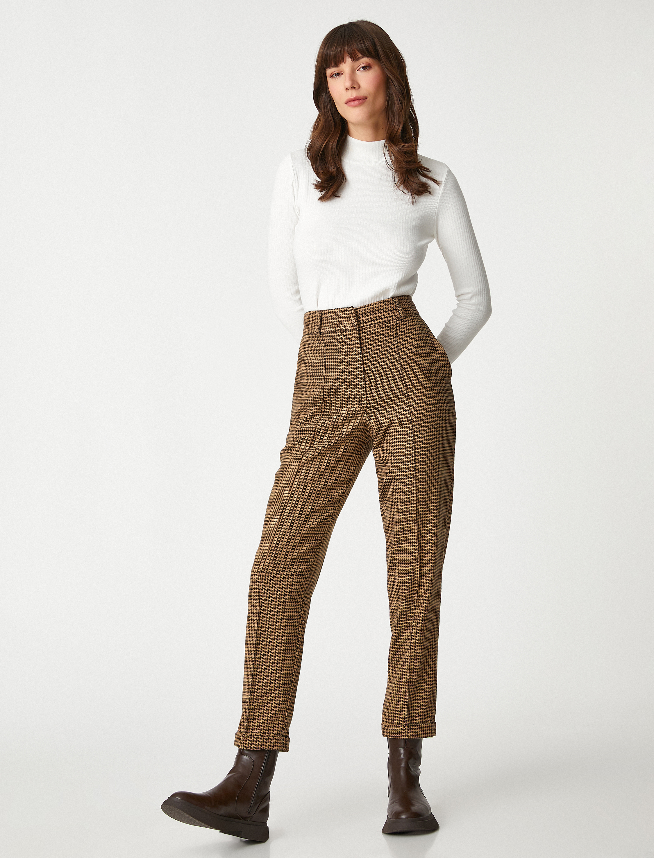   Kazayağı Desenli Havuç Pantolon Nervürlü Cepli