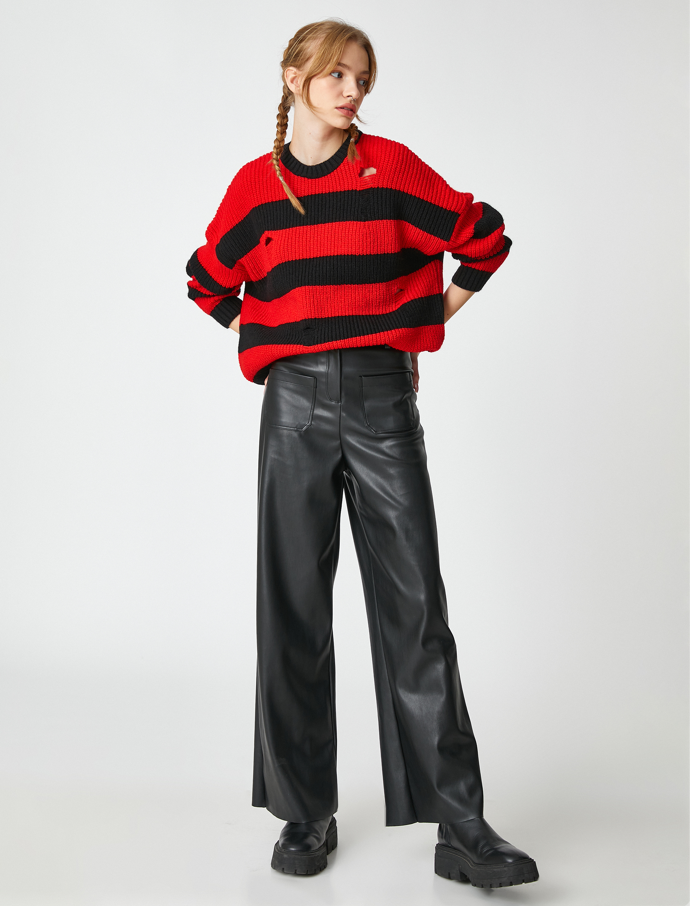   Örgü Triko Kazak Ajurlu Bisiklet Yaka Uzun Kollu