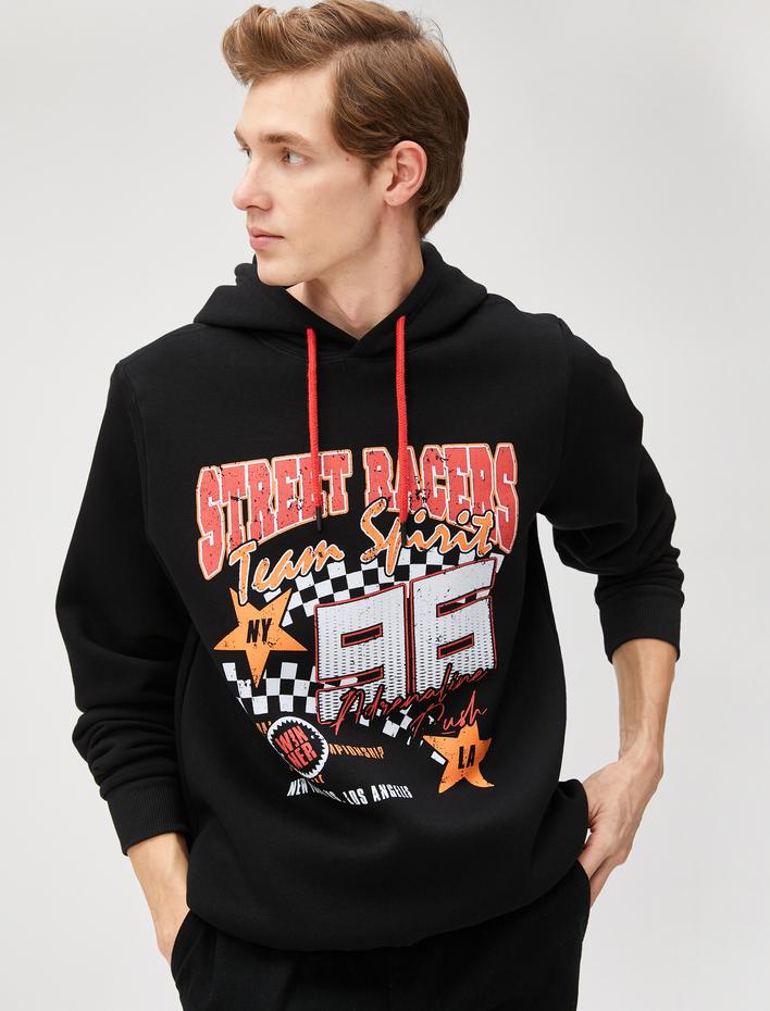  Motosiklet Baskılı Kapşonlu Sweatshirt Uzun Kollu Şardonlu