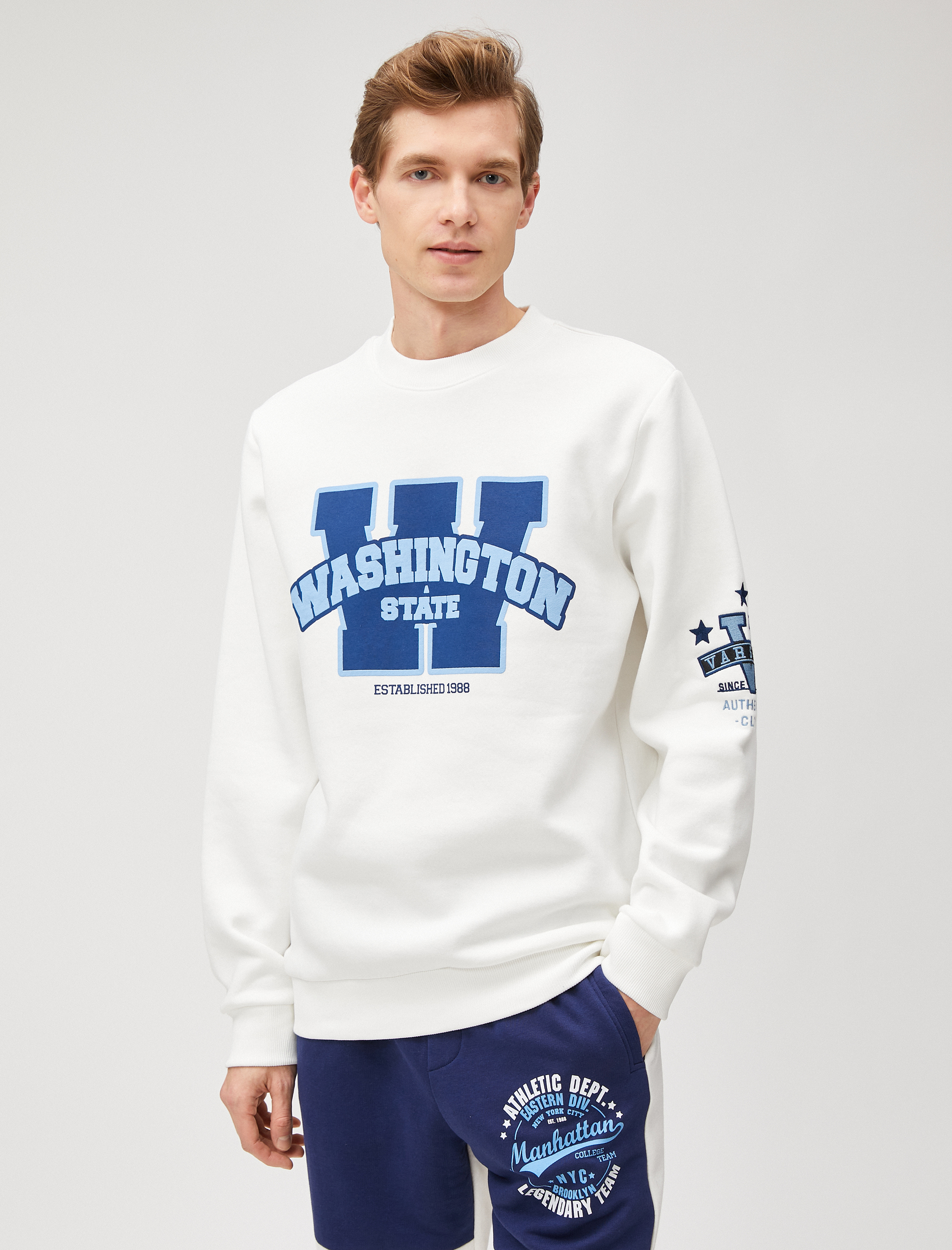 Kolej Sweatshirt Bisiklet Yaka Uzun Kollu İşleme Detaylı Şardonlu