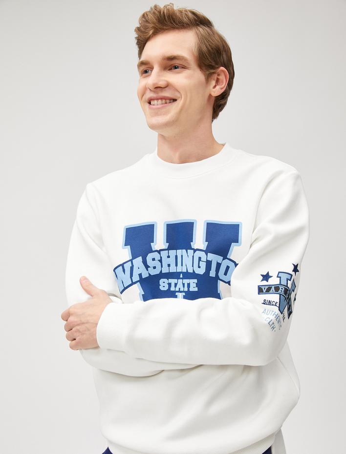  Kolej Sweatshirt Bisiklet Yaka Uzun Kollu İşleme Detaylı Şardonlu