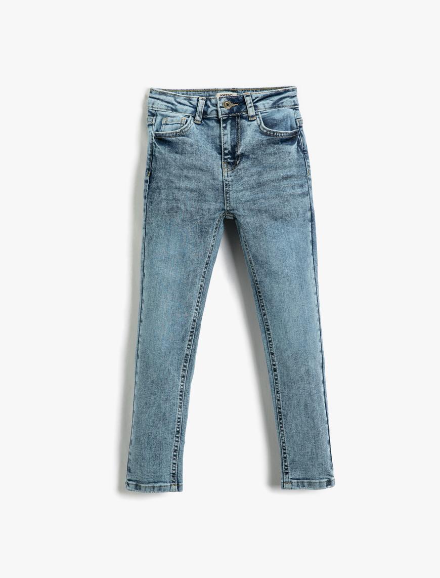  Erkek Çocuk Kot Pantolon Pamuklu Cepli - Slim Jean  Beli Ayarlanabilir Lastikli