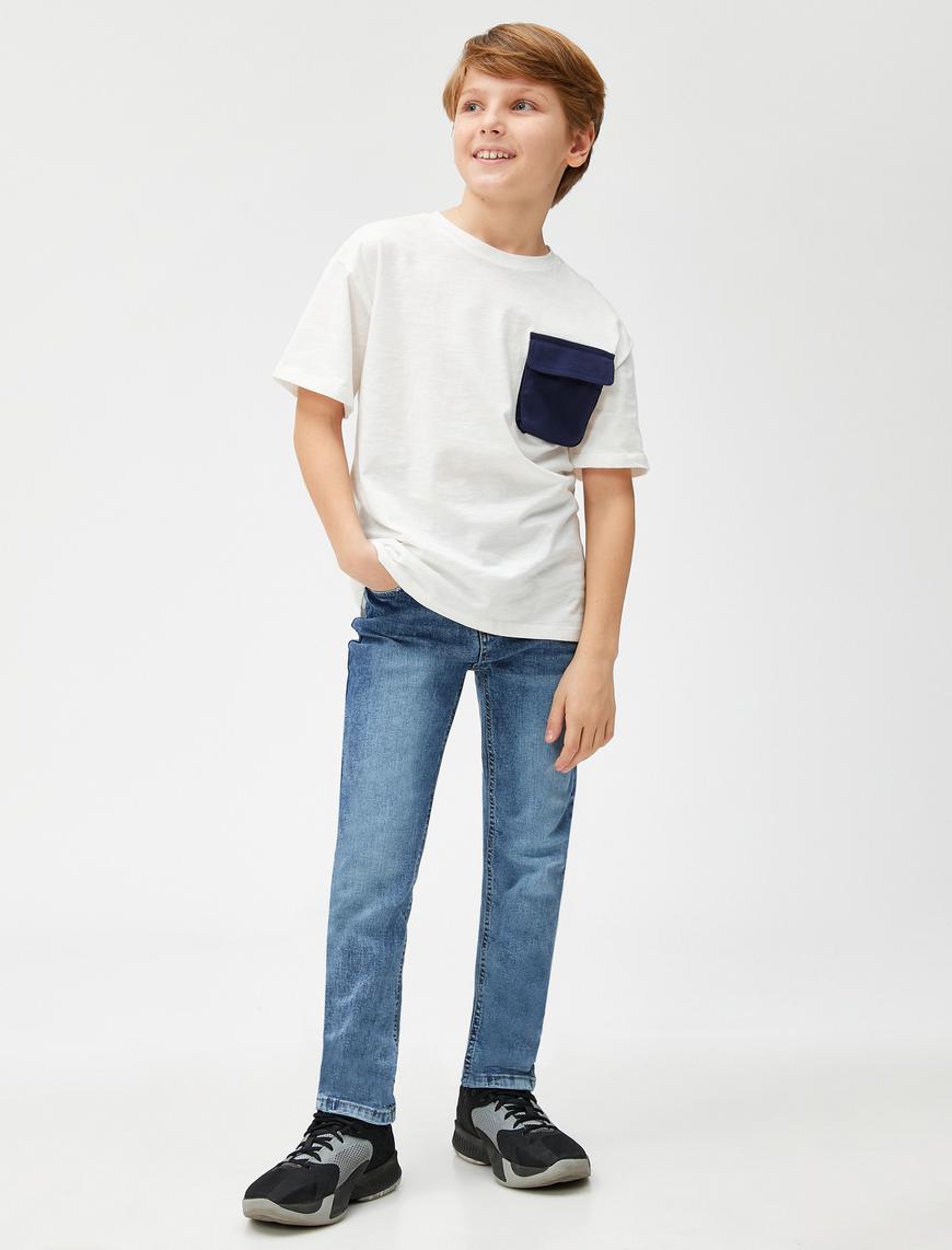  Erkek Çocuk Kot Pantolon Pamuklu Cepli - Slim Jean  Beli Ayarlanabilir Lastikli