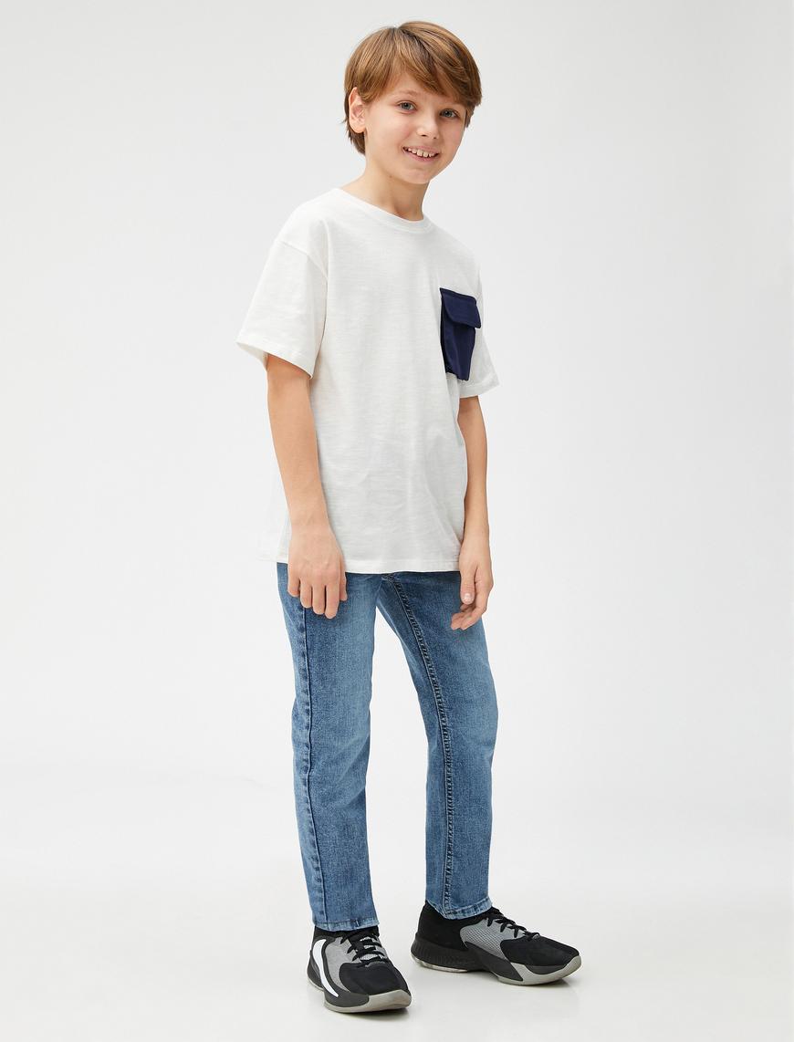  Erkek Çocuk Kot Pantolon Pamuklu Cepli - Slim Jean  Beli Ayarlanabilir Lastikli