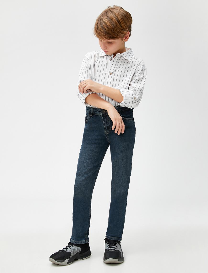  Erkek Çocuk Kot Pantolon Cepli Pamuklu - Skinny Jean  Beli Ayarlanabilir Lastikli