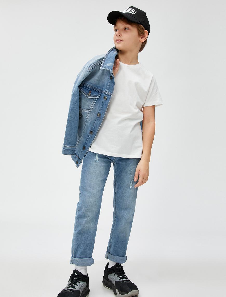  Erkek Çocuk Kot Pantolon Yıpratılmış Detaylı Pamuklu Cepli - Slim Jean  Beli Ayarlanabilir Lastikli