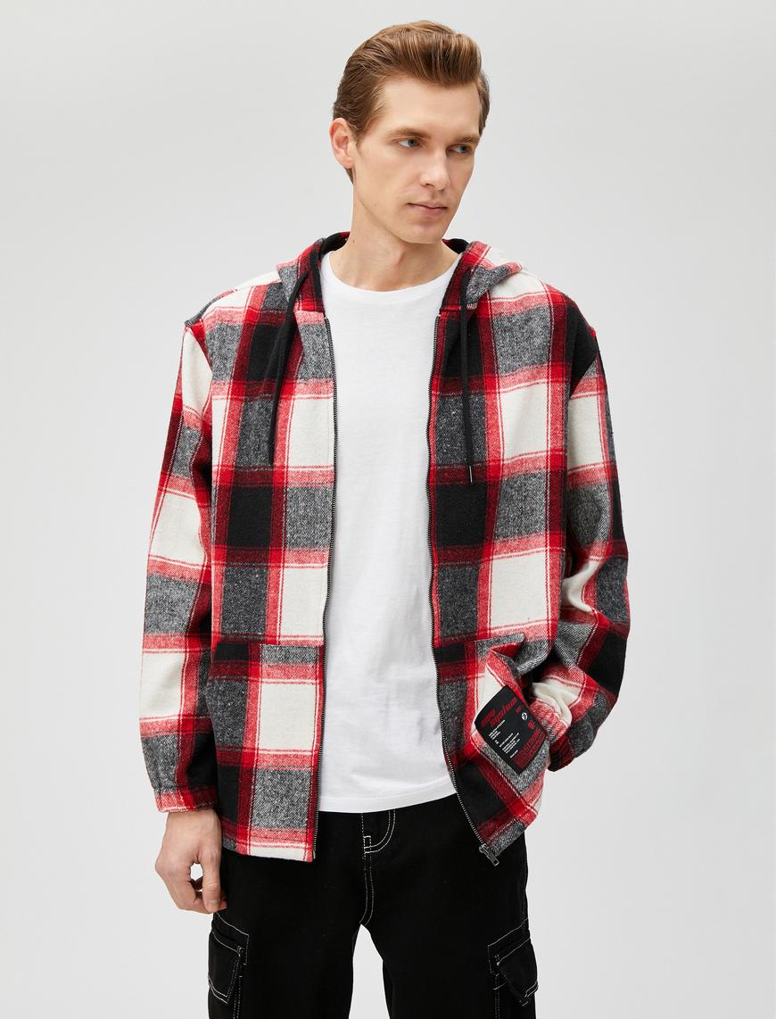   Kareli Kapşonlu Sweatshirt Etiket Baskılı Cepli