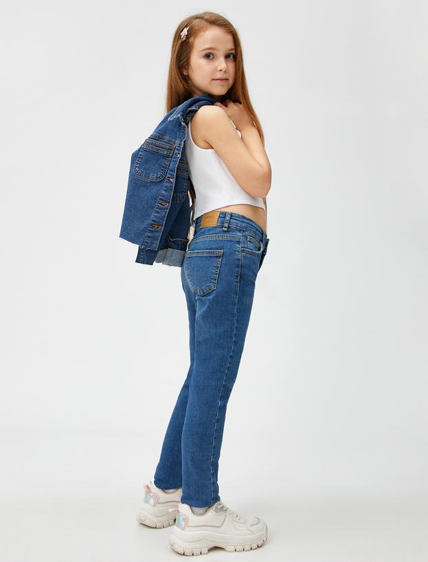  Kız Çocuk Dar Paça Kot Pantolon - Skinny Jean Beli Ayarlanabilir Lastikli