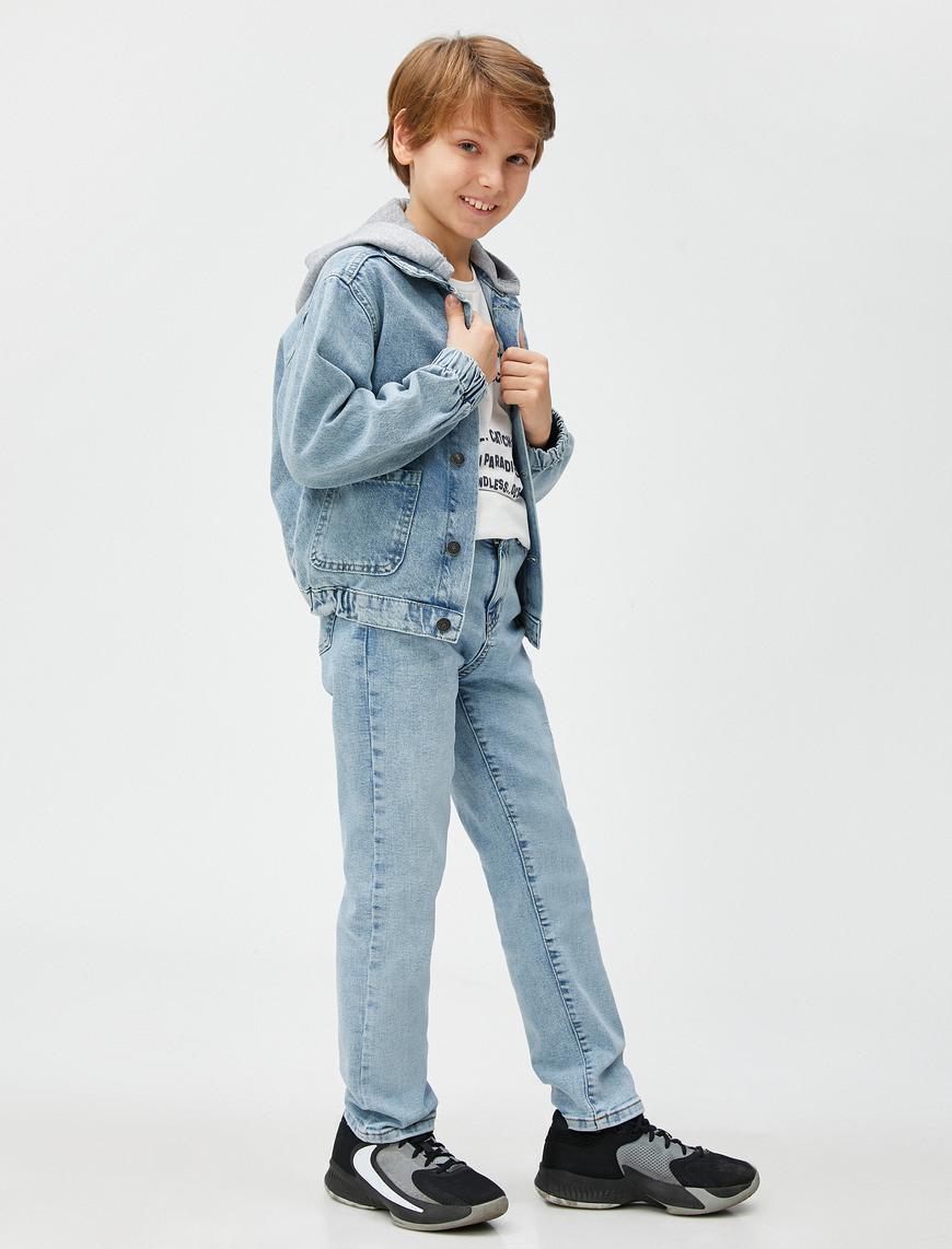  Erkek Çocuk Oversize Kot Ceket Çıkarılabilir Kapüşonlu Cepli Pamuklu