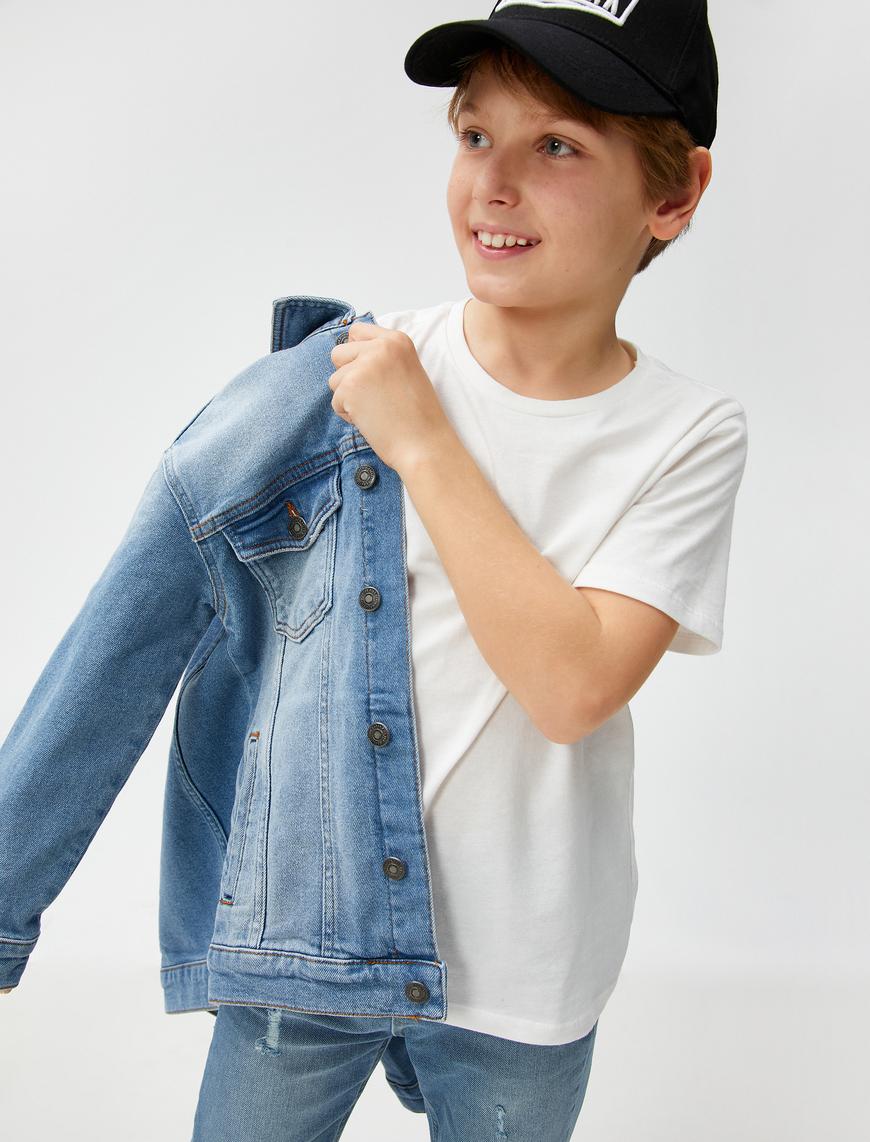  Erkek Çocuk Kot Ceket Kapaklı Cep Detaylı Manşetli Uzun Kollu Pamuklu