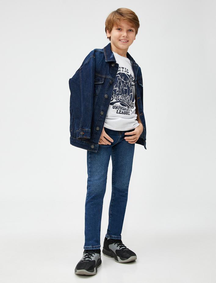 Erkek Çocuk Kot Pantolon Düz Paça Normal Bel Pamuklu - Straight Jean  Beli Ayarlanabilir Lastikli