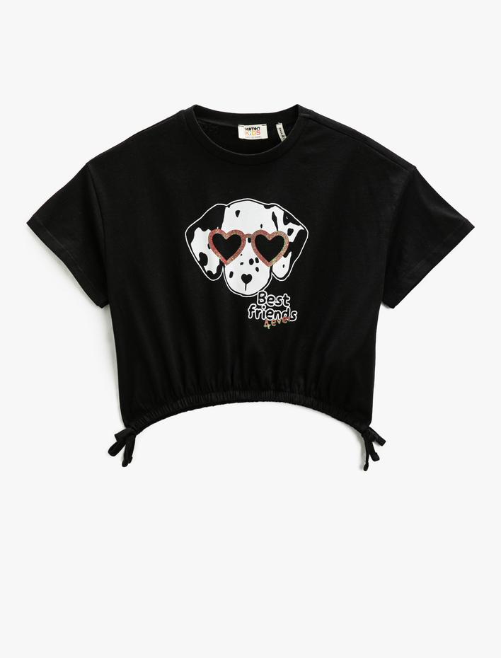 Kız Çocuk Kısa Kollu Crop Tişört Köpek Baskılı Beli Lastikli Bisiklet Yaka Simli Pamuklu