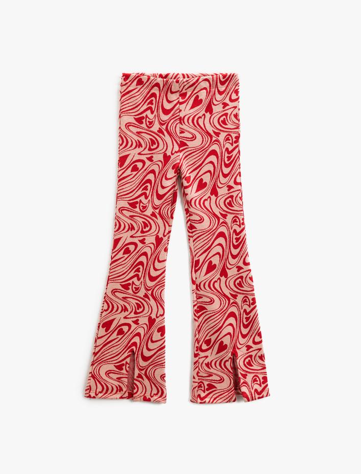 Kız Çocuk İspanyol Paça Tayt Pantolon Yırtmaç Detaylı Beli Lastikli Kalpli Jakarlı