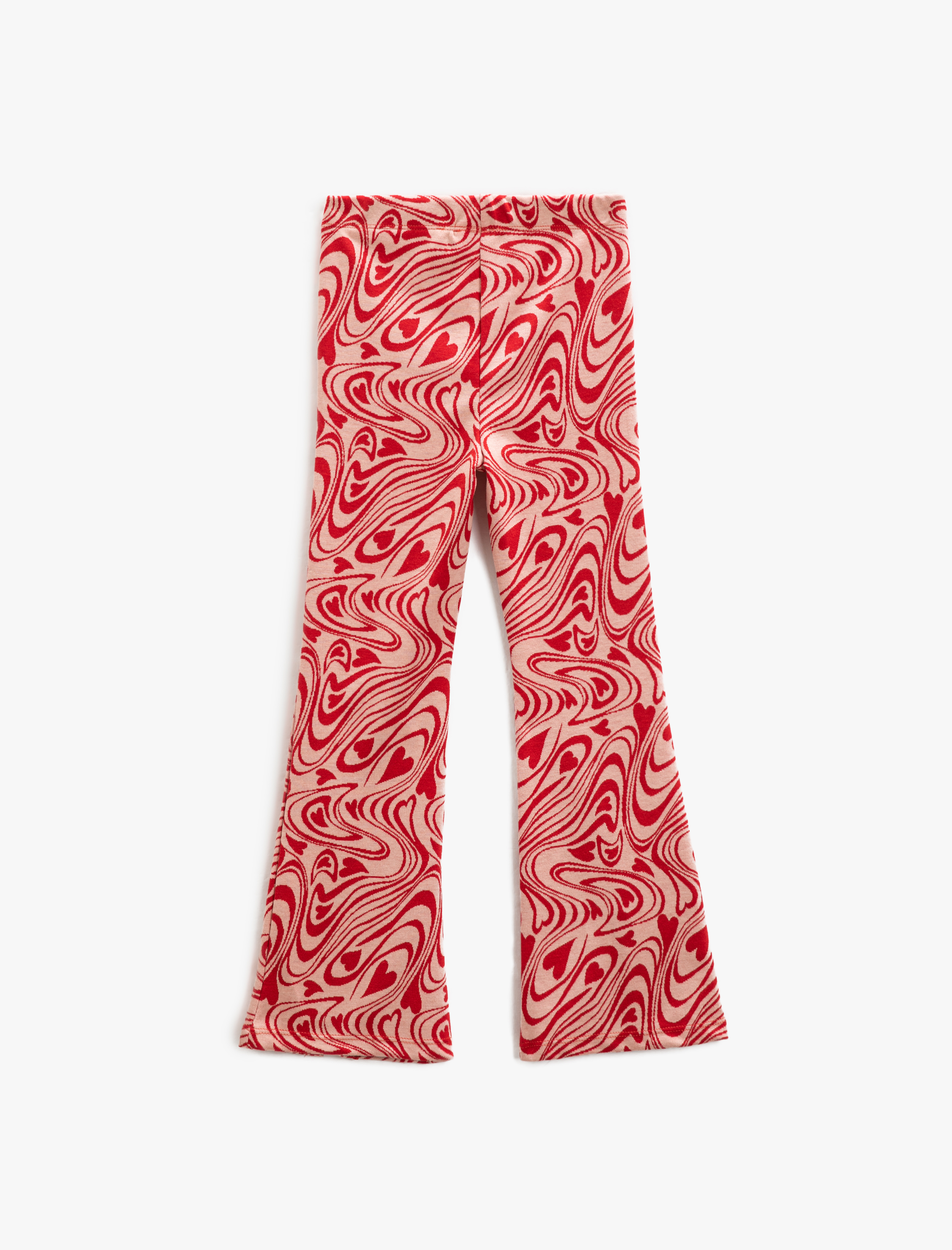  Kız Çocuk İspanyol Paça Tayt Pantolon Yırtmaç Detaylı Beli Lastikli Kalpli Jakarlı