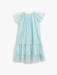 Midi Elbise Tüllü Astarlı Kelebek Kol Fırfırlı Bisiklet Yaka