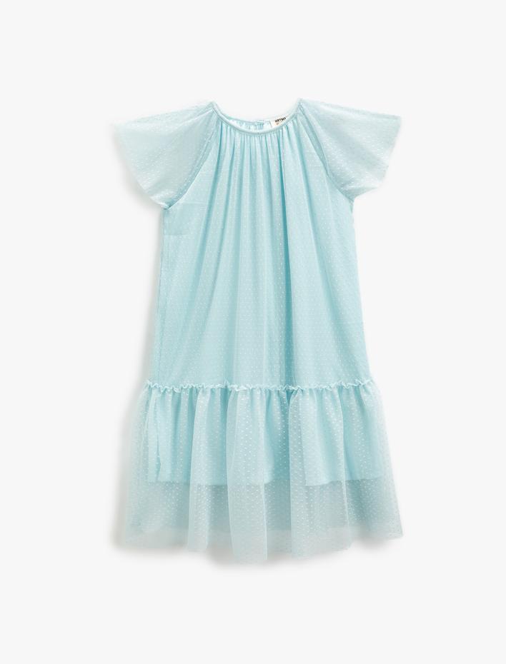 Kız Çocuk Midi Elbise Tüllü Astarlı Kelebek Kol Fırfırlı Bisiklet Yaka