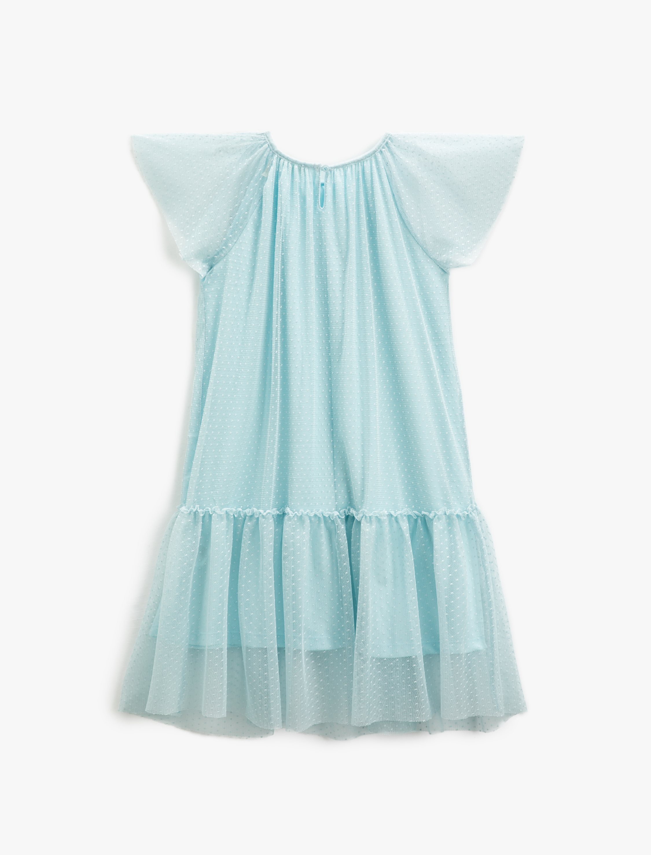  Kız Çocuk Midi Elbise Tüllü Astarlı Kelebek Kol Fırfırlı Bisiklet Yaka