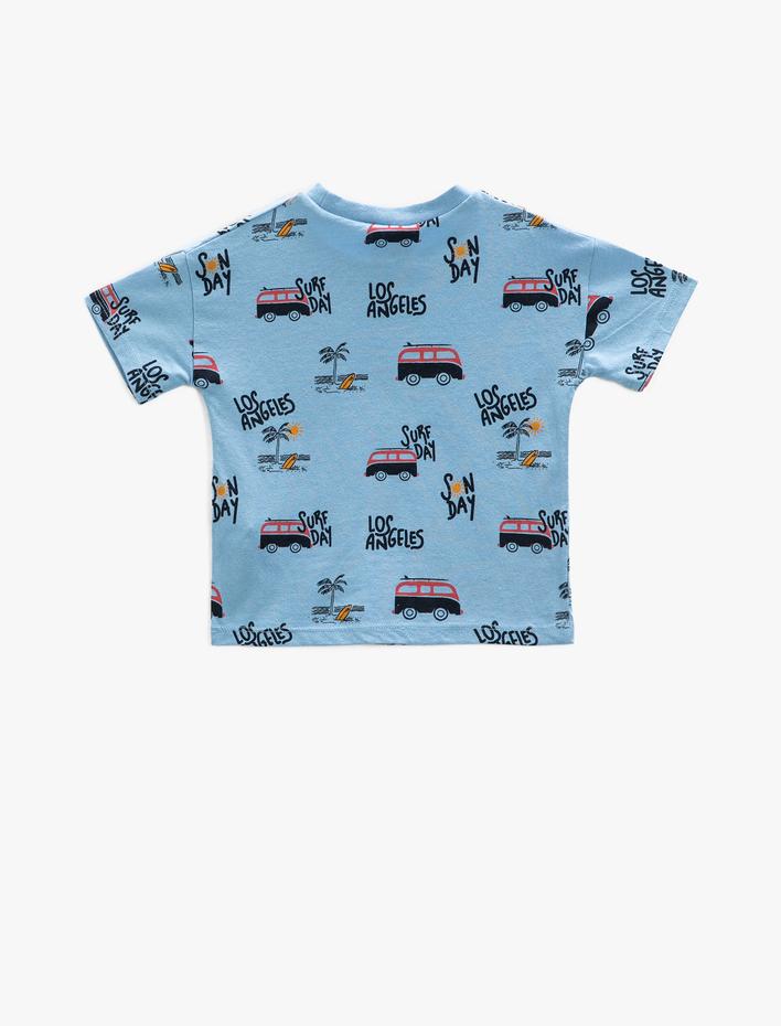 Erkek Bebek Araba Baskılı Tişört Kısa Kollu Bisiklet Yaka Pamuklu