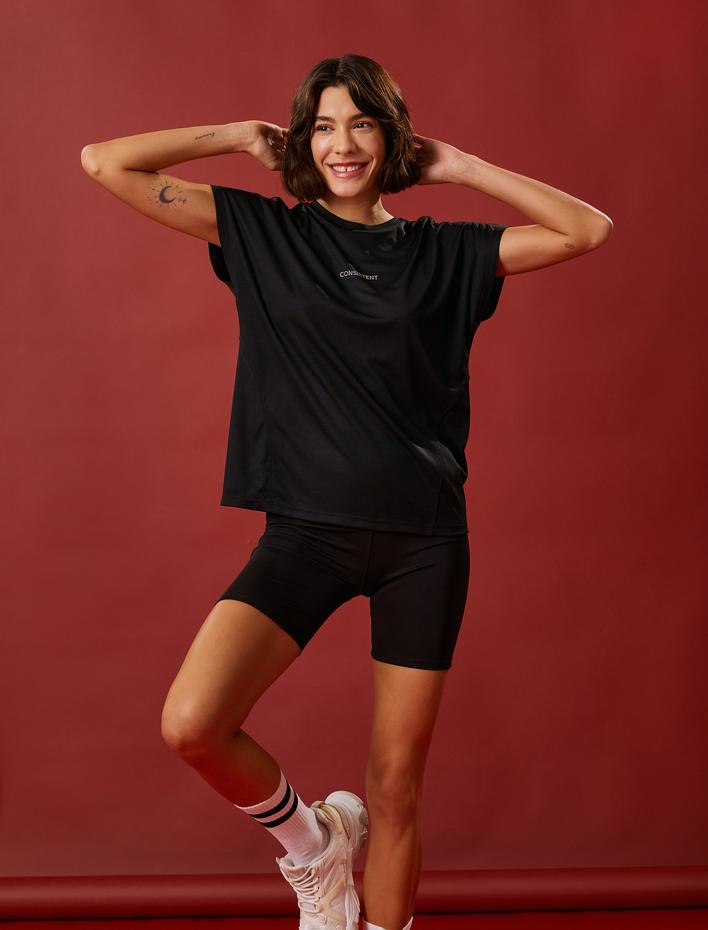  Oversize Spor Tişört Yazı Baskılı