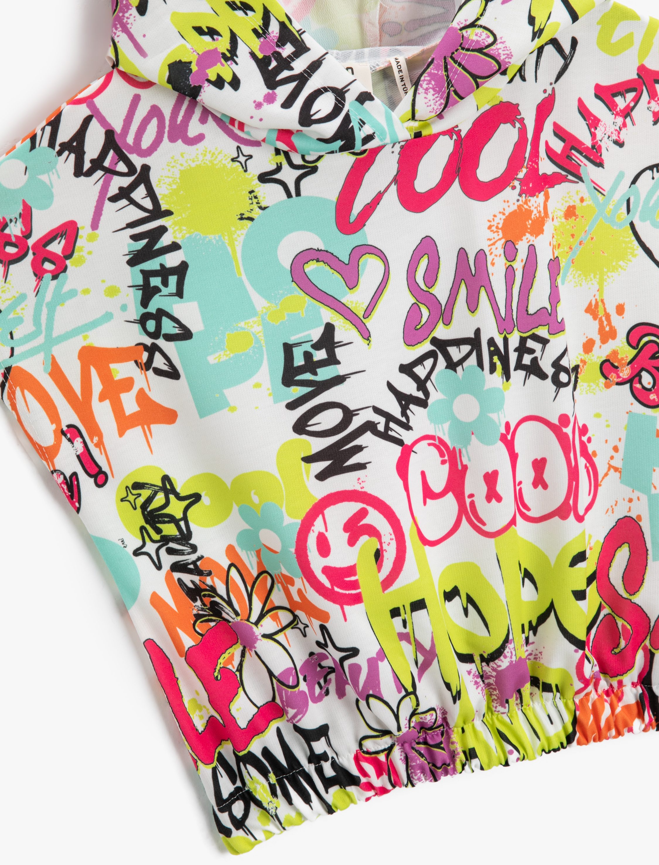  Kız Çocuk Kolsuz Kapşonlu Sweatshirt Crop Grafiti Baskılı