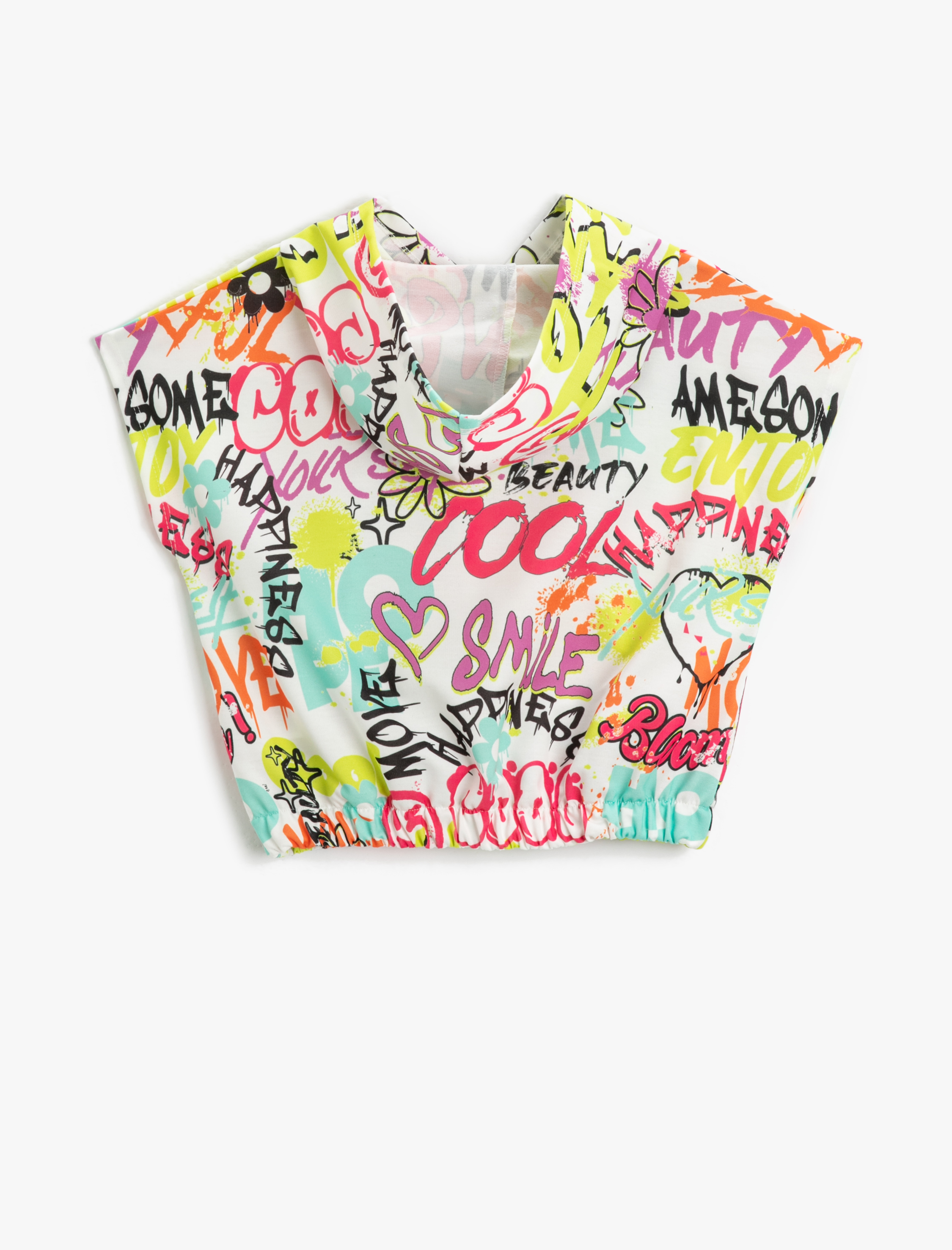  Kız Çocuk Kolsuz Kapşonlu Sweatshirt Crop Grafiti Baskılı