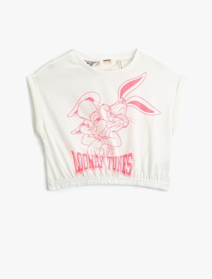 Kız Çocuk Lola Bunny ve Bugs Bunny Crop Tişört Lisanslı Kısa Kollu Bisiklet Yaka Pamuklu