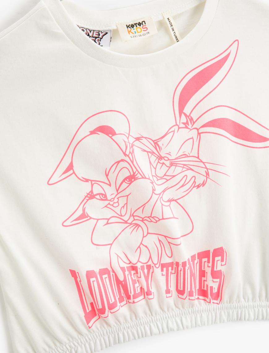  Kız Çocuk Lola Bunny ve Bugs Bunny Crop Tişört Lisanslı Kısa Kollu Bisiklet Yaka Pamuklu