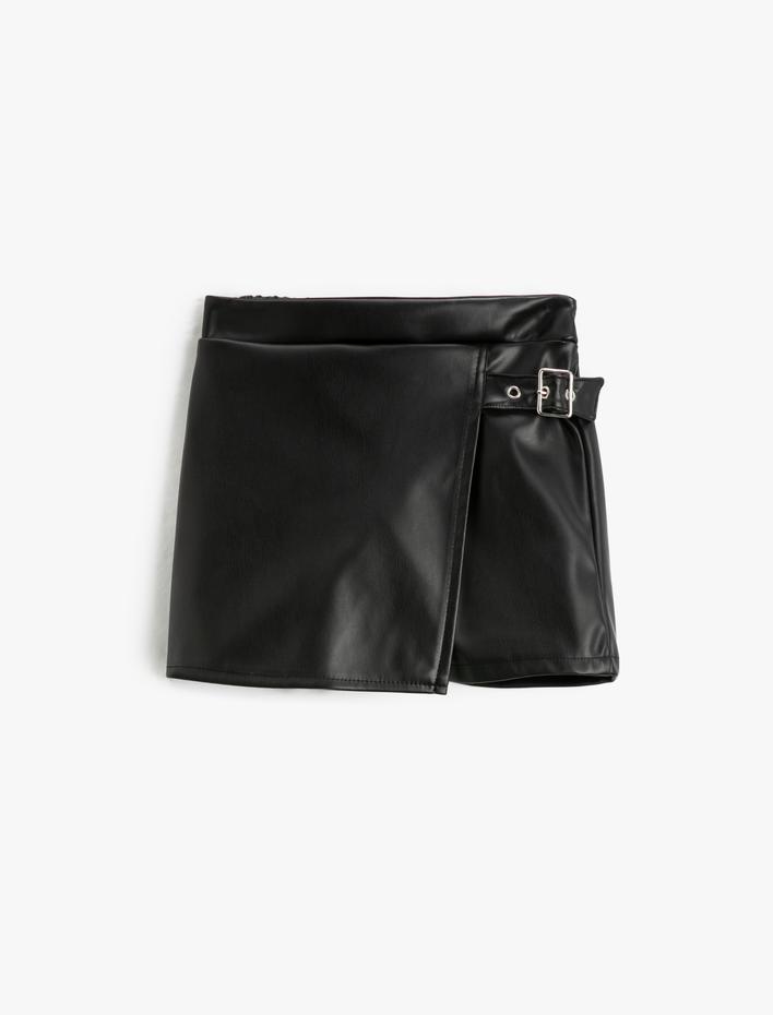 Kız Çocuk Deri Görünümlü Şort Etek Beli Lastikli Kemer Detaylı