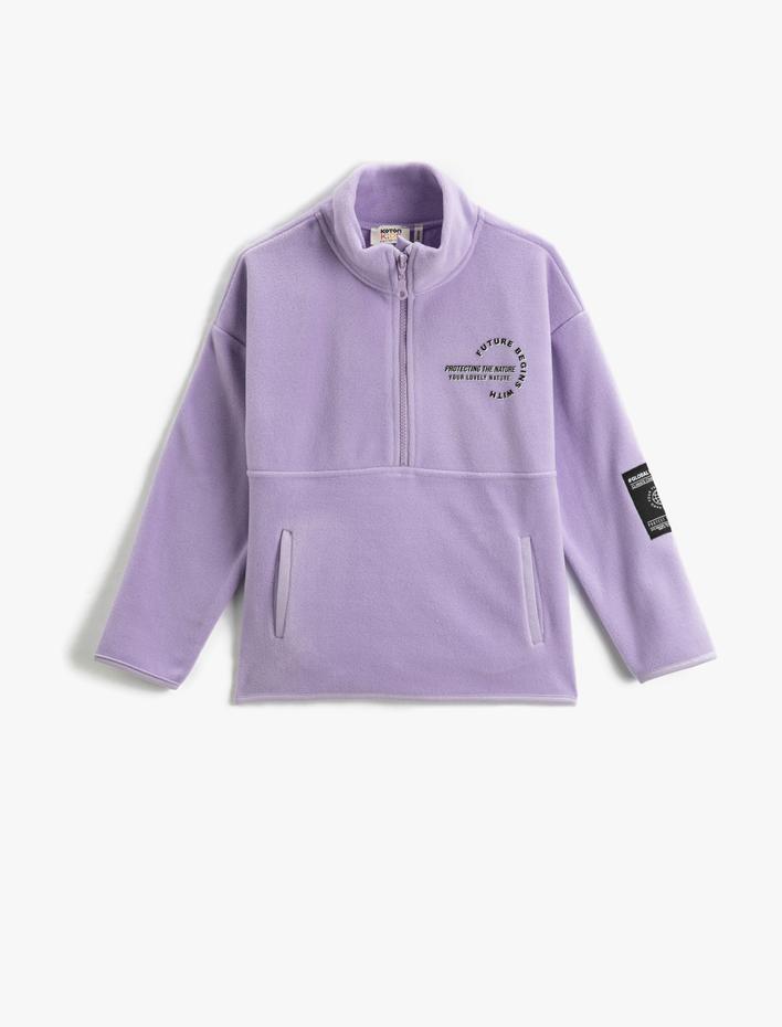 Kız Çocuk Polar Sweatshirt Dik Yaka Yarım Fermuarlı Arkası Baskılı Cepli