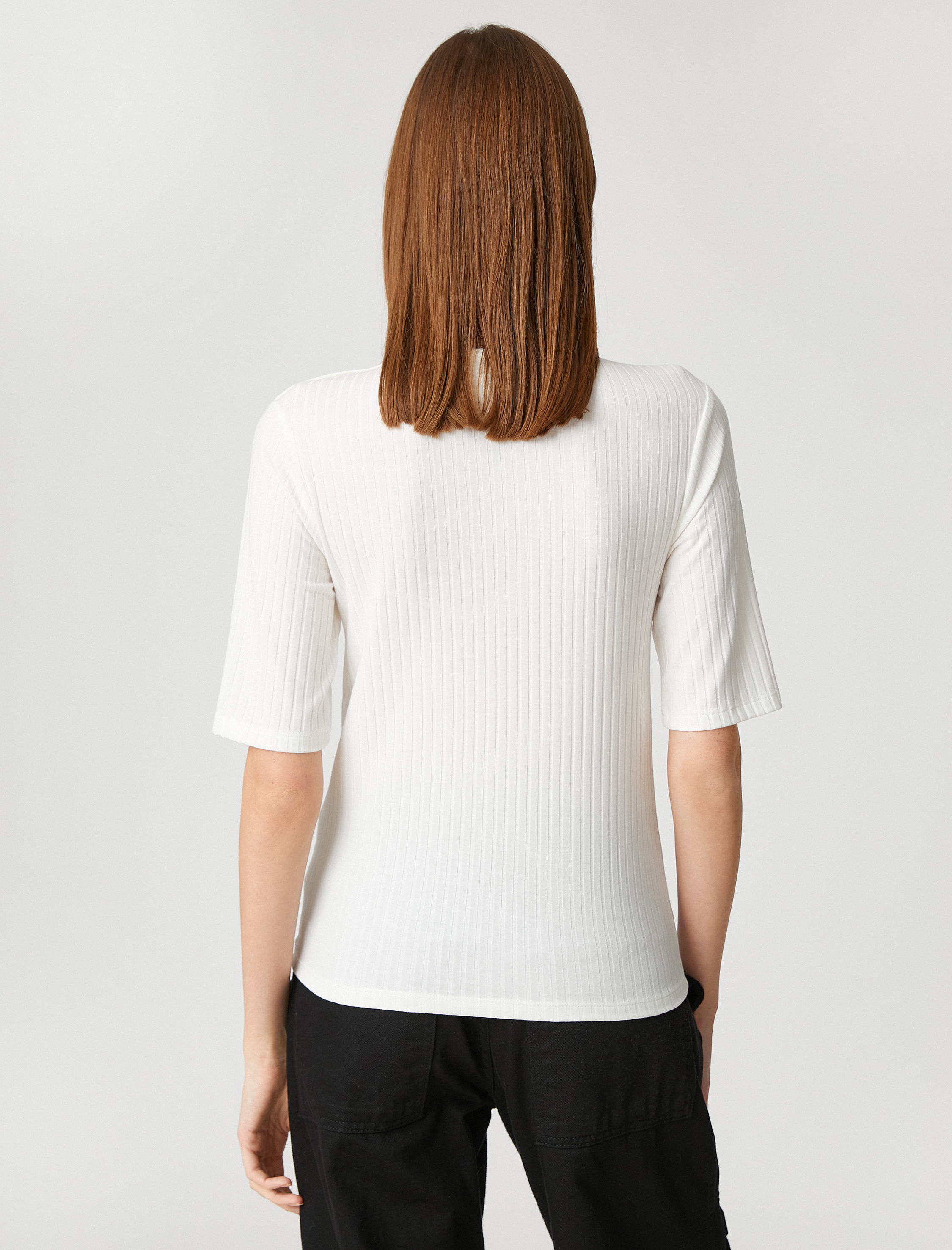   Fitilli Tişört Dik Yaka Düğme Detaylı Kısa Kollu