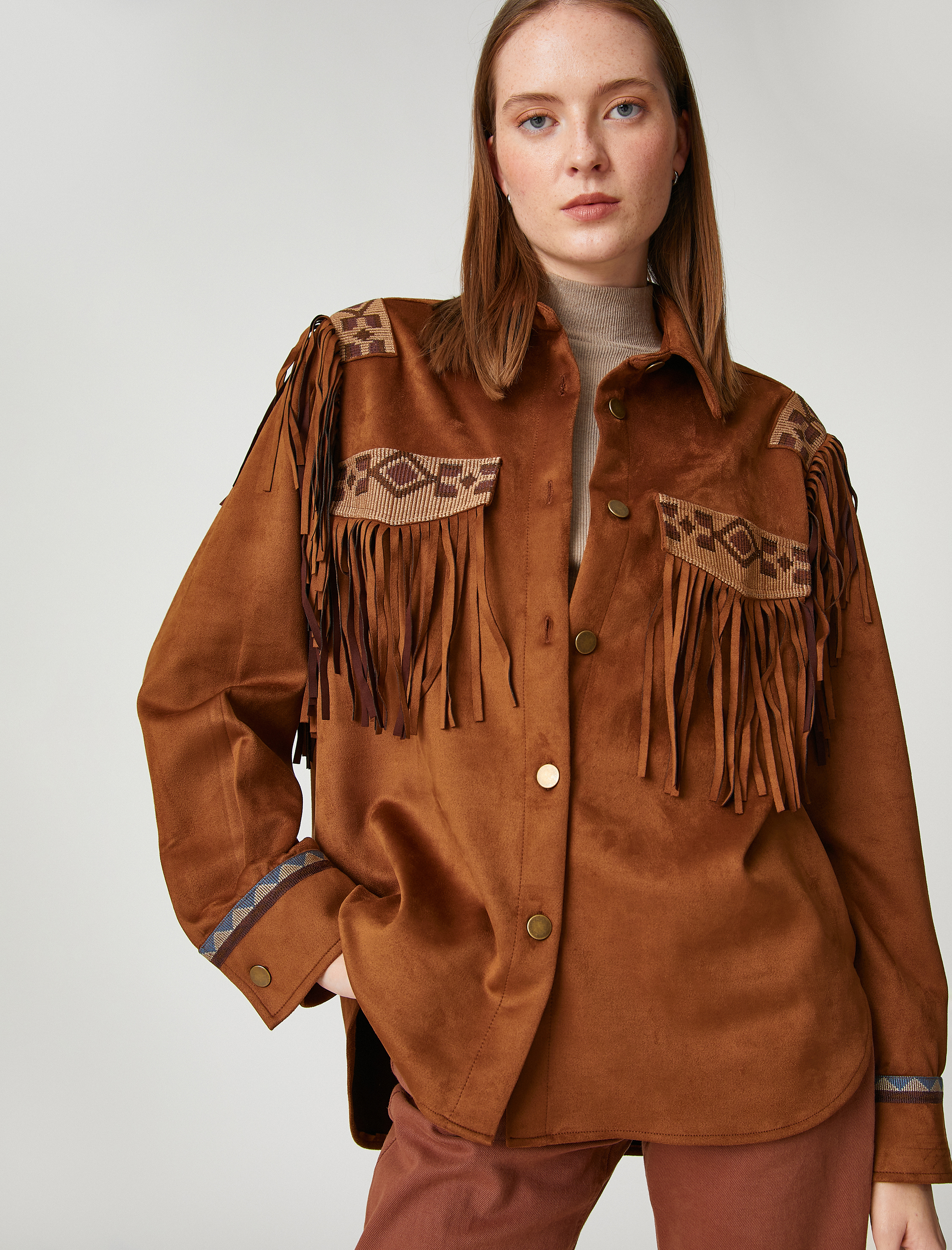   Etnik Detaylı Süet Görünümlü Shacket