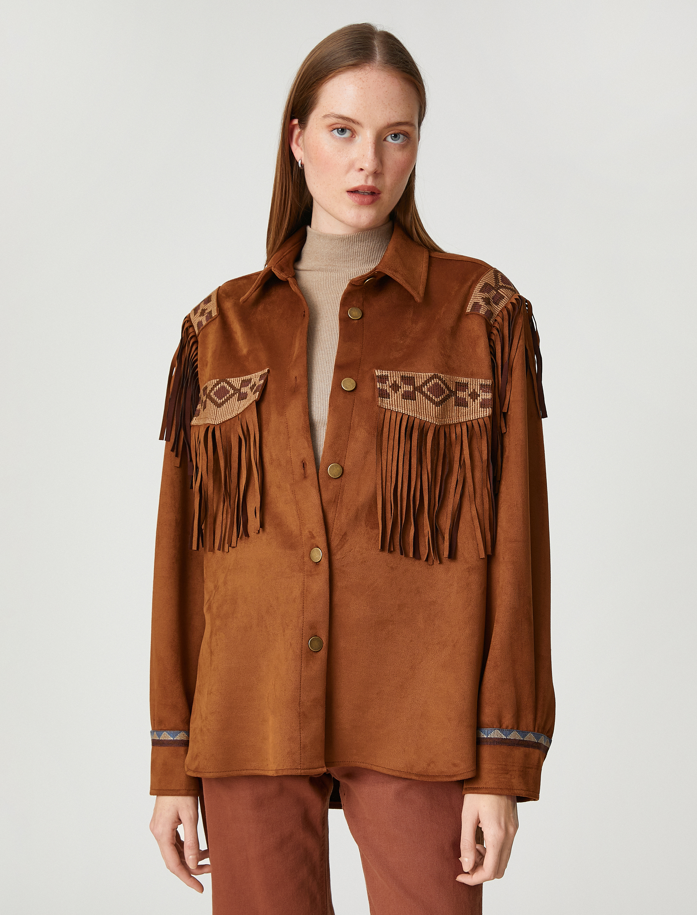   Etnik Detaylı Süet Görünümlü Shacket