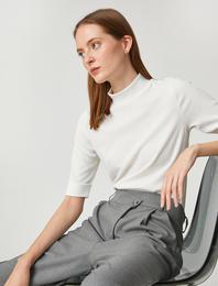 Fitilli Tişört Dik Yaka Kısa Kollu