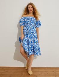 Çiçekli Midi Boy Elbise Omzu Açık Viskon