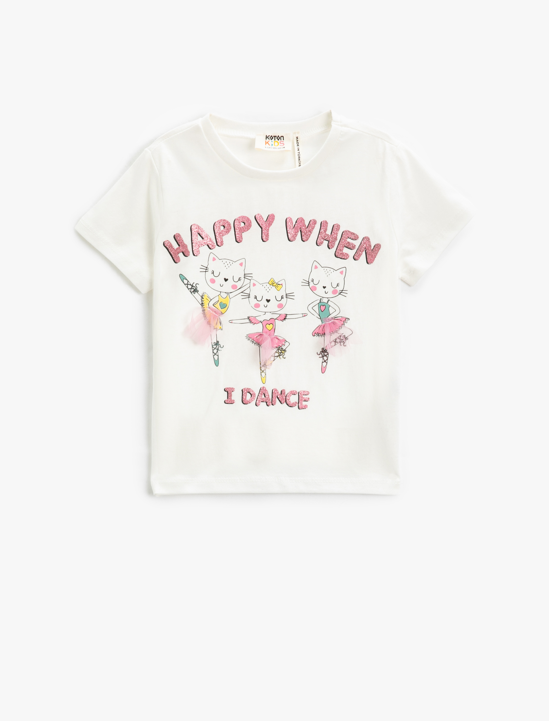  Kız Çocuk Tişört Kedi Baskılı Tül Aplike Detaylı Kısa Kollu Pamuklu