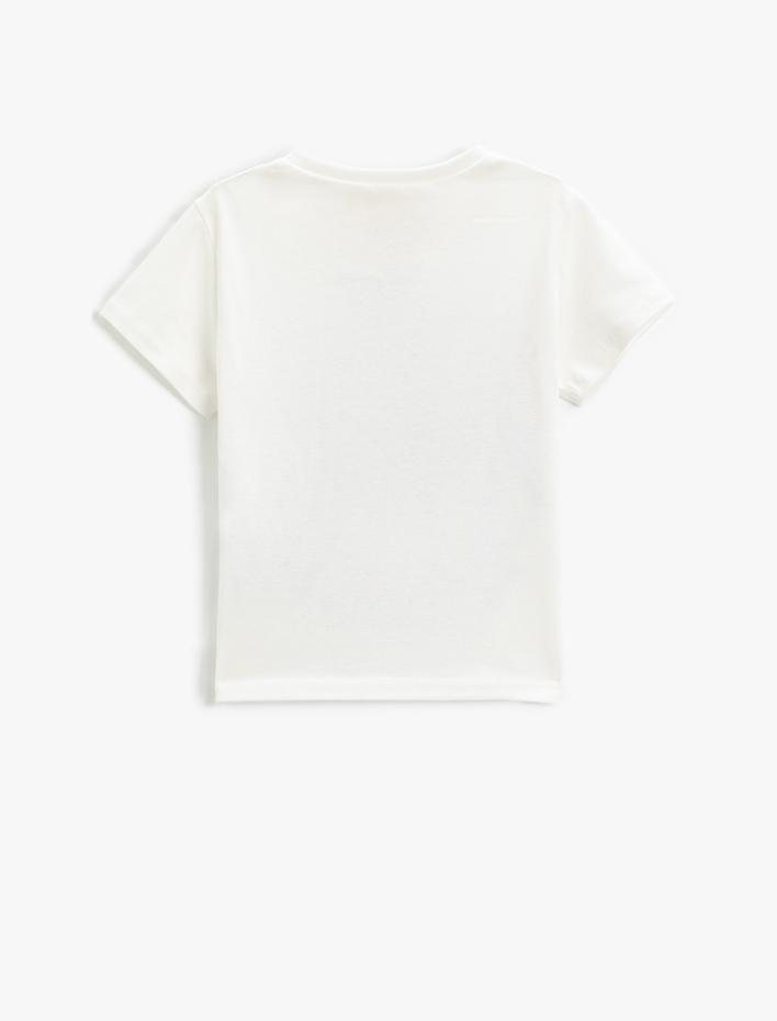 Kız Çocuk Tişört Kedi Baskılı Tül Aplike Detaylı Kısa Kollu Pamuklu