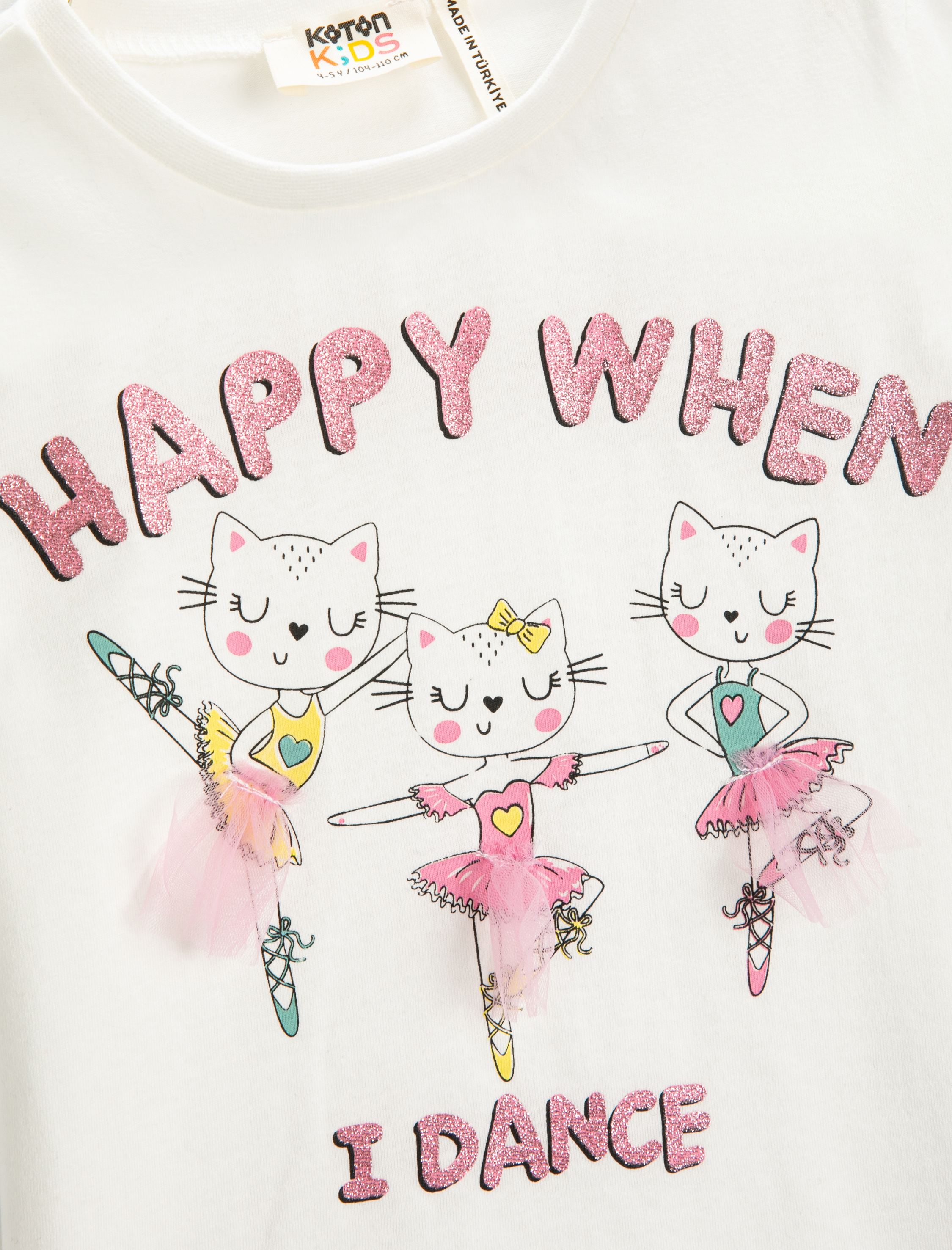  Kız Çocuk Tişört Kedi Baskılı Tül Aplike Detaylı Kısa Kollu Pamuklu