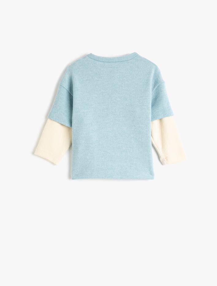 Erkek Bebek Polar Sweat Kedi Baskılı Uzun Kollu Bisiklet Yaka