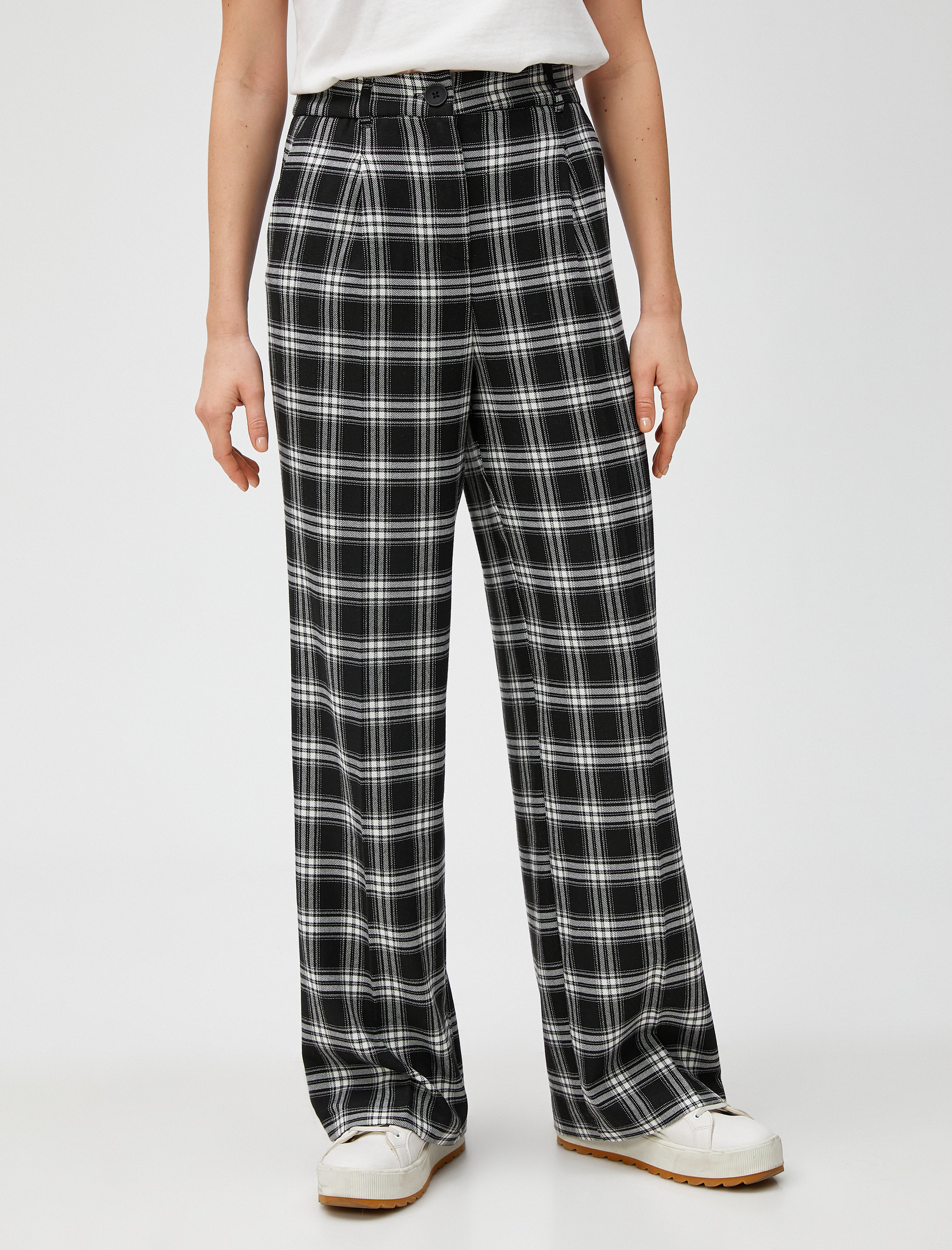   Kareli Kumaş Pantolon Pileli Düz Paça