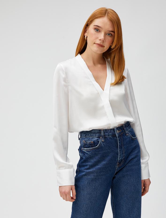  V Yaka Bluz Biye Detaylı Uzun Kollu