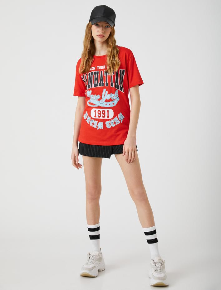  Kolej Baskılı Tişört Kısa Kollu Bisiklet Yaka Pamuklu